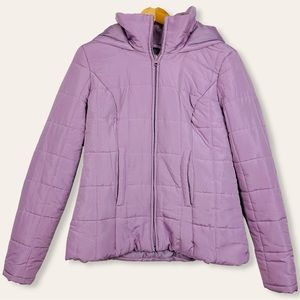 New York Co. Soft Quilted Lightweight Zip Up Hooded Puffer Jacket Lilac Purple M